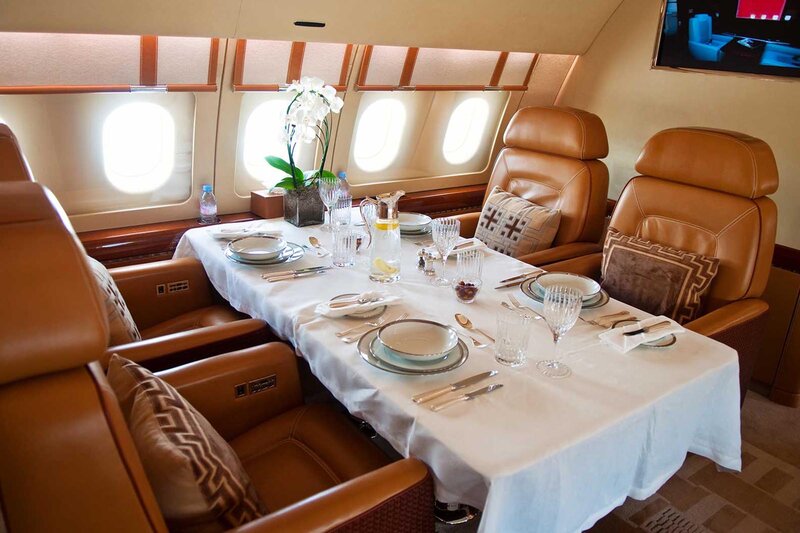 Dining table inside of private airplane